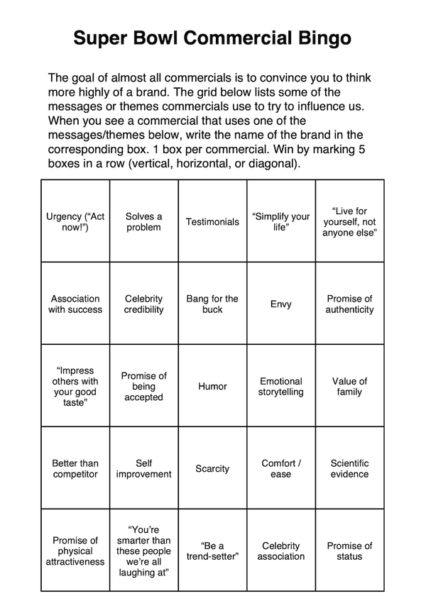 Super Bowl Commercial Bingo card